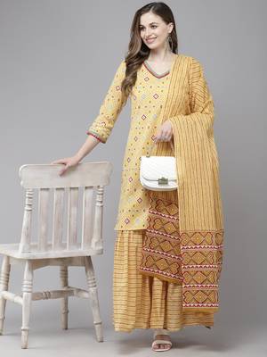 Indo Era Yellow Printed Straight Kurta Sharara With Dupatta Set 1