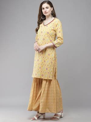 Indo Era Yellow Printed Straight Kurta Sharara With Dupatta Set 3