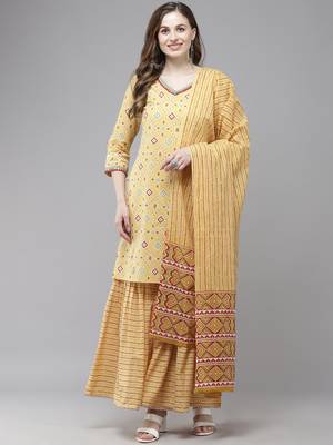 Indo Era Yellow Printed Straight Kurta Sharara With Dupatta Set 4