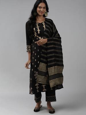 Indo Era Woven Black Straight Kurta Palazzo With Dupatta set 1