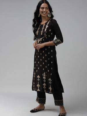 Indo Era Woven Black Straight Kurta Palazzo With Dupatta set 3
