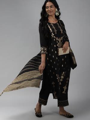 Indo Era Woven Black Straight Kurta Palazzo With Dupatta set 4