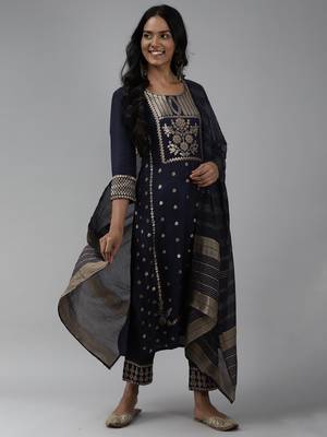 Indo Era Woven Navy Blue Straight Kurta Palazzo With Dupatta set 1