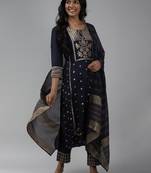 Indo Era Woven Navy Blue Straight Kurta Palazzo With Dupatta set