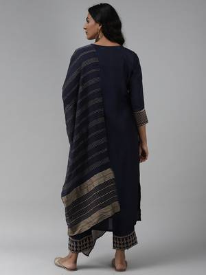 Indo Era Woven Navy Blue Straight Kurta Palazzo With Dupatta set 2