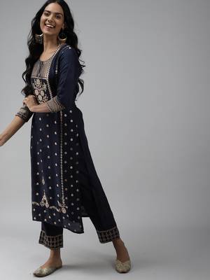 Indo Era Woven Navy Blue Straight Kurta Palazzo With Dupatta set 3