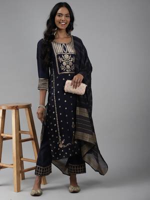 Indo Era Woven Navy Blue Straight Kurta Palazzo With Dupatta set 4