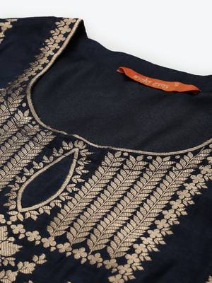 Indo Era Woven Navy Blue Straight Kurta Palazzo With Dupatta set 5