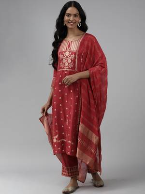 Indo Era Woven Red Straight Kurta Palazzo With Dupatta set 1