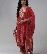 Indo Era Woven Red Straight Kurta Palazzo With Dupatta set