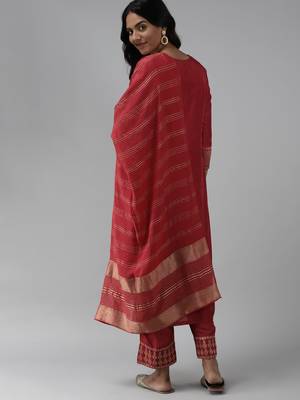 Indo Era Woven Red Straight Kurta Palazzo With Dupatta set 2