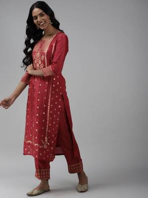 Indo Era Woven Red Straight Kurta Palazzo With Dupatta set 3