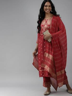 Indo Era Woven Red Straight Kurta Palazzo With Dupatta set 4