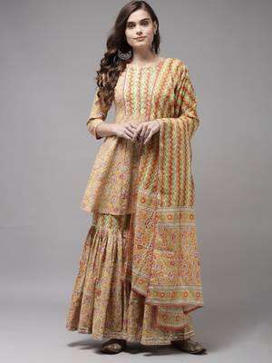 Indo Era Yellow Printed A-line Kurta Sharara With Dupatta Set 1