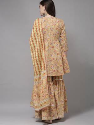 Indo Era Yellow Printed A-line Kurta Sharara With Dupatta Set 2