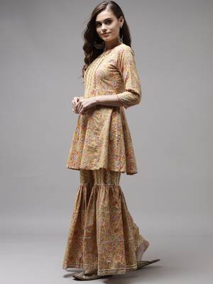 Indo Era Yellow Printed A-line Kurta Sharara With Dupatta Set 3