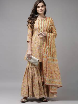 Indo Era Yellow Printed A-line Kurta Sharara With Dupatta Set 4