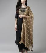 Indo Era Solid Black Straight Kurta Palazzo With Dupatta Set