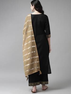 Indo Era Solid Black Straight Kurta Palazzo With Dupatta Set 2