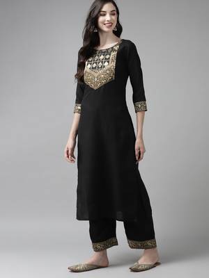 Indo Era Solid Black Straight Kurta Palazzo With Dupatta Set 3