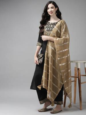 Indo Era Solid Black Straight Kurta Palazzo With Dupatta Set 4