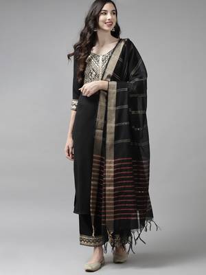 Indo Era Solid Black Straight Kurta Palazzo With Dupatta Set 1