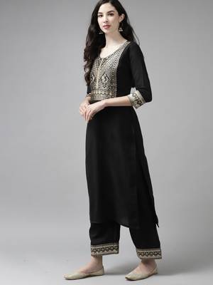 Indo Era Solid Black Straight Kurta Palazzo With Dupatta Set 3