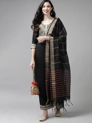 Indo Era Solid Black Straight Kurta Palazzo With Dupatta Set 4