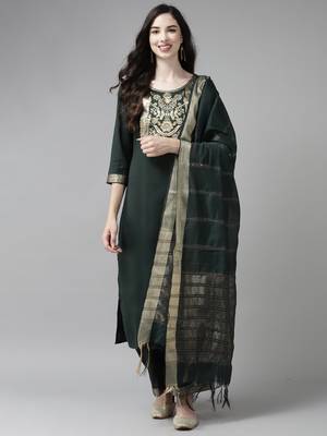 Indo Era Solid Green Straight Kurta Palazzo With Dupatta Set 1