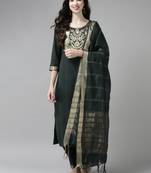 Indo Era Solid Green Straight Kurta Palazzo With Dupatta Set
