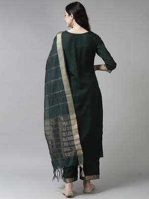 Indo Era Solid Green Straight Kurta Palazzo With Dupatta Set 2