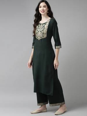 Indo Era Solid Green Straight Kurta Palazzo With Dupatta Set 3