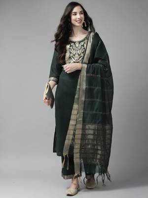 Indo Era Solid Green Straight Kurta Palazzo With Dupatta Set 4