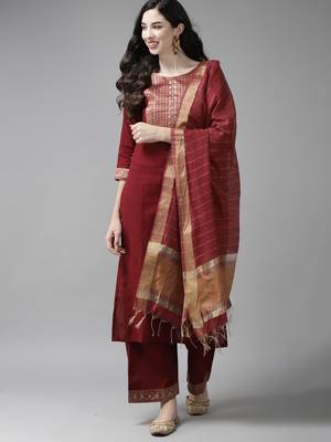 Indo Era Solid Maroon Straight Kurta Palazzo With Dupatta Set 1