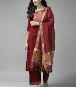 Indo Era Solid Maroon Straight Kurta Palazzo With Dupatta Set