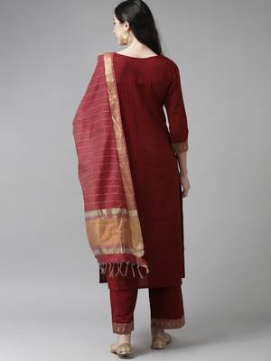 Indo Era Solid Maroon Straight Kurta Palazzo With Dupatta Set 2