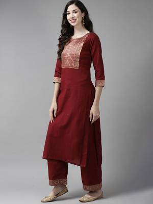 Indo Era Solid Maroon Straight Kurta Palazzo With Dupatta Set 3