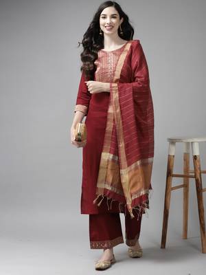 Indo Era Solid Maroon Straight Kurta Palazzo With Dupatta Set 4