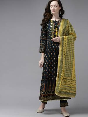 Indo Era Printed Bottle Green A-line Kurta Trouser With Dupatta Set 1
