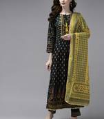 Indo Era Printed Bottle Green A-line Kurta Trouser With Dupatta Set
