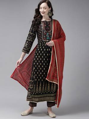 Indo Era Printed Black A-line Kurta Trouser With Dupatta Set 1