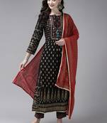 Indo Era Printed Black A-line Kurta Trouser With Dupatta Set