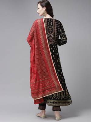 Indo Era Printed Black A-line Kurta Trouser With Dupatta Set 2