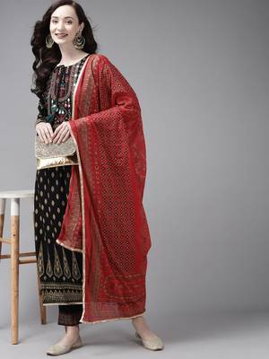 Indo Era Printed Black A-line Kurta Trouser With Dupatta Set 4