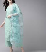 Indo Era Embroidered Green Straight Kurta Palazzo With Dupatta Set