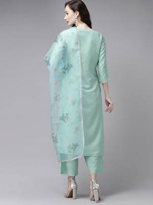 Indo Era Embroidered Green Straight Kurta Palazzo With Dupatta Set 2