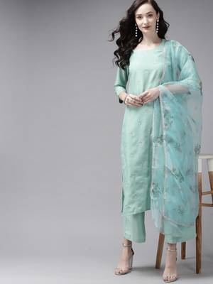 Indo Era Embroidered Green Straight Kurta Palazzo With Dupatta Set 4