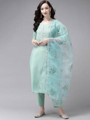 Indo Era Embroidered Green Straight Kurta Trouser With Dupatta Set 1