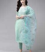 Indo Era Embroidered Green Straight Kurta Trouser With Dupatta Set