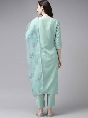 Indo Era Embroidered Green Straight Kurta Trouser With Dupatta Set 2